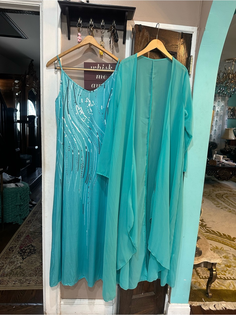 Turquoise Maxi Dress with glitterye stripe detailing and Sheer Jacket